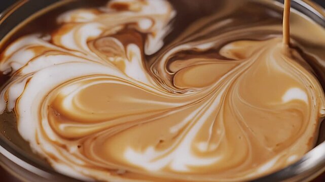 Cream pouring into dark coffee creating beautiful swirling patterns