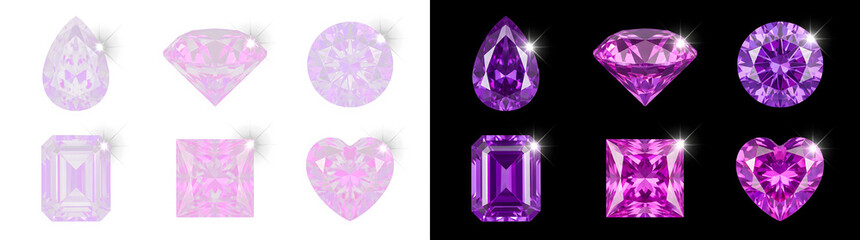 Fototapeta premium Set of sparkling purple gemstone icons on white and black background with gemstone, treasure