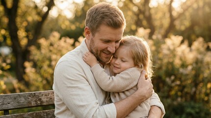Fototapeta premium Father hugging little girl on park bench in warm sunlight.
