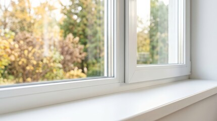 Fototapeta premium A modern double-pane window showcasing energy efficiency and clear views of outdoor trees.