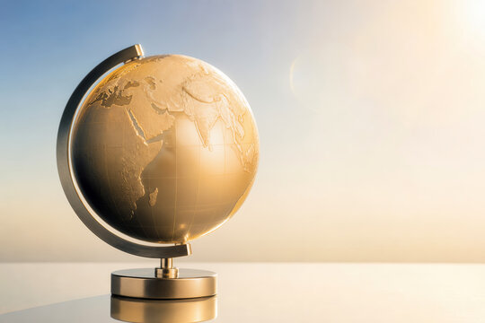 Frosted glass and metal globe on white reflective surface with golden daylight crescent shadow minimalist studio editorial visual for global synchronization and unity concepts
