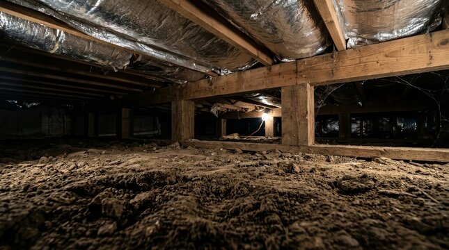 Moisture damage and damp dirt floor in a dim residential crawl space with wooden supports.
