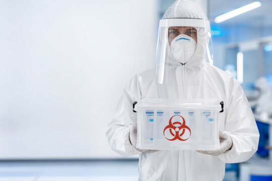 Biosecurity specialist in white hazmat suit holding sealed medical transport box with red biohazard label for pandemic response viral containment emergency logistics readiness