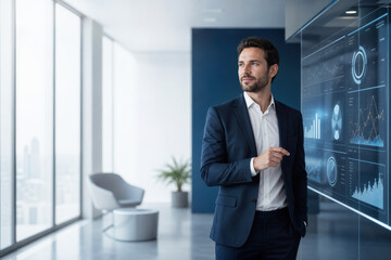 Fototapeta premium Business professional beside transparent digital interface with AI data visualizations in modern office future of artificial intelligence 2027 corporate strategy technology report