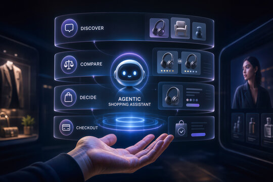 Agentic Shopping Assistant concept in hand futuristic ecommerce interface showing discover compare decide checkout autonomous dialogue-led branded shopping layers for retailers adaptive experiences
