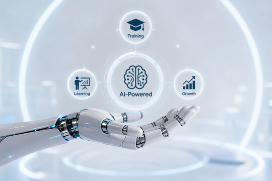 AI-Powered training services concept with robotic hand presenting learning training growth icons futuristic technology education and corporate upskilling automation platform visual