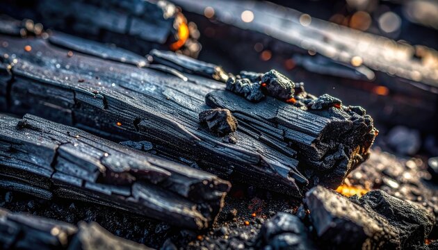 Close-up view of burnt wood embers and charcoal.