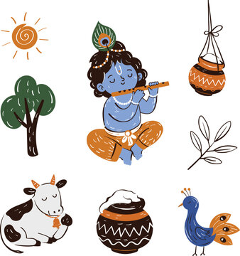 Hand Drawn Textured Krishna Janmashtami Illustration Set with Little Krishna Playing Flute, Makhan Handi, Peacock, Tree and Holy Cow