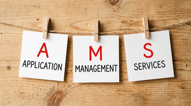 Three wooden clothespin signs displaying application management services concept on rustic background with each labeled bold red black text application