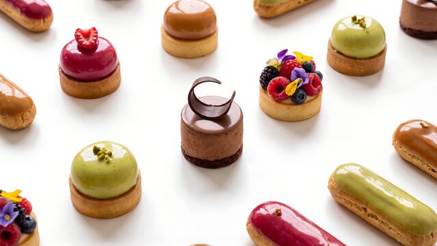 Assortment of Elegant French Pastries Including Eclairs Chocolate Mousse Dome Berry Tart and Pistachio Desserts Arranged on White Background in Professional Bakery Style
