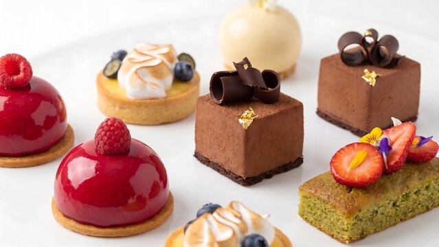 Elegant Gourmet Dessert Platter with Raspberry Dome Chocolate Mousse Cube Lemon Meringue Tart Pistachio Cake and White Chocolate Sphere with Gold Leaf on White Surface