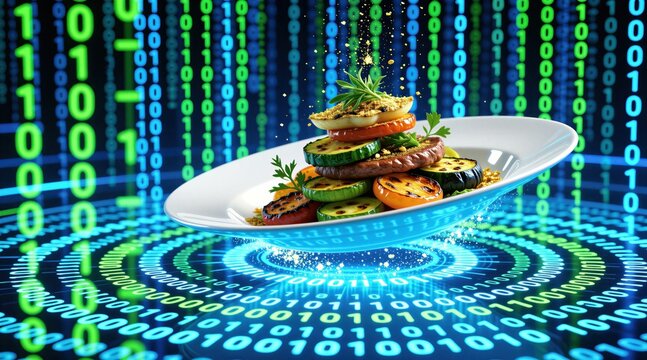 Futuristic digital food plate floats above glowing blue binary code floor. Virtual grilled vegetables stack with herbs levitates in cyberspace environment. Innovative tech cooking concept combines