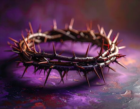A detailed close-up image of a crown of thorns on a purple surface.