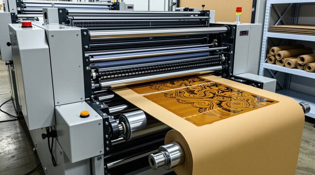 Industrial flexo printing machine applies glossy spot varnish to brown cardboard box surface. Modern press equipment performs inline coating process on paper roll. Pro tech ensures precise detail,