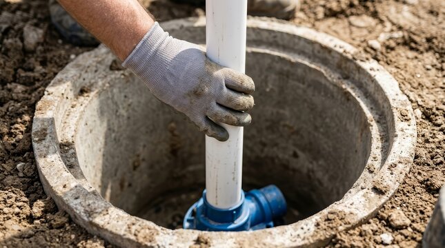 Close-up of a professional installing a white vertical pipe into a sump pump basin for drainage.