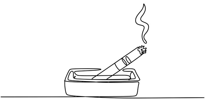 Single continuous line drawing of a burning cigarette inside a square ashtray Vector, illustration