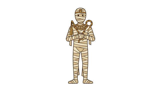 Cartoon mummy character stands upright, wrapped in bandages and holding an ankh and crook, against a pristine white background, representing ancient Egyptian lore.