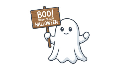 Obraz premium Cute cartoon ghost character holds a 'Boo! Spooky Season Halloween' sign, conveying a friendly and festive spirit for the holiday.
