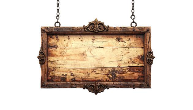 A vintage-style rectangular wooden sign board with an ornate carved frame, aged distressed wood texture, antique rustic appearance, decorative chains for hanging, isolated on transparent background.