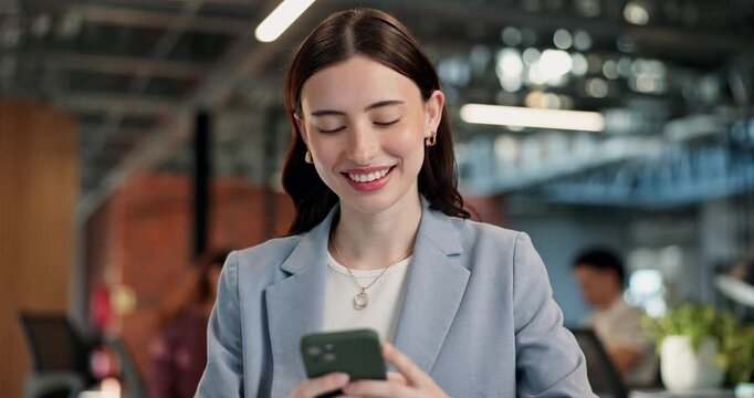 Business, woman and laugh in office with phone, news research and email source to confirm facts. Smile, employee and coworking in workplace with mobile, proofreading and story draft for publication