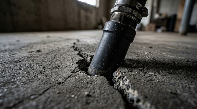 The installation of a soil suction pipe in a cracked concrete floor for radon gas mitigation in a basement.