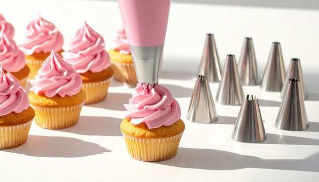 Pink frosting swirled onto cupcakes with pastry tips nearby