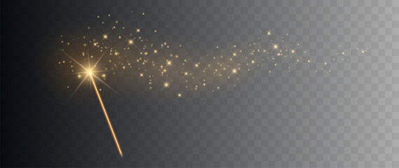 Fototapeta premium Golden Magic Wand with Shining Glitter and Sparkle Trail Isolated on Transparent Background