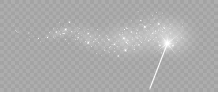 White Magic Wand with Glowing Sparkle Trail Isolated on Transparent Background