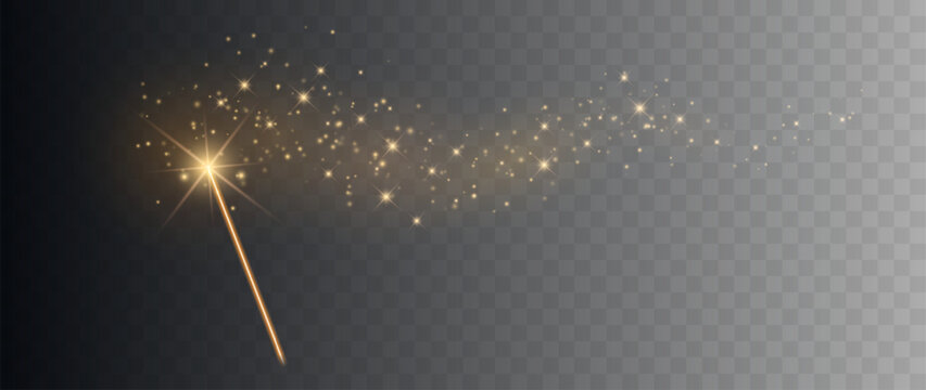Golden Magic Wand with Shining Glitter and Sparkle Trail Isolated on Transparent Background