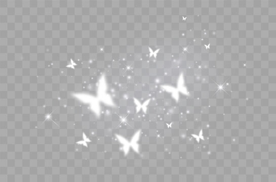 White Glowing Butterflies with Sparkles and Shining Lights Isolated on Transparent Background