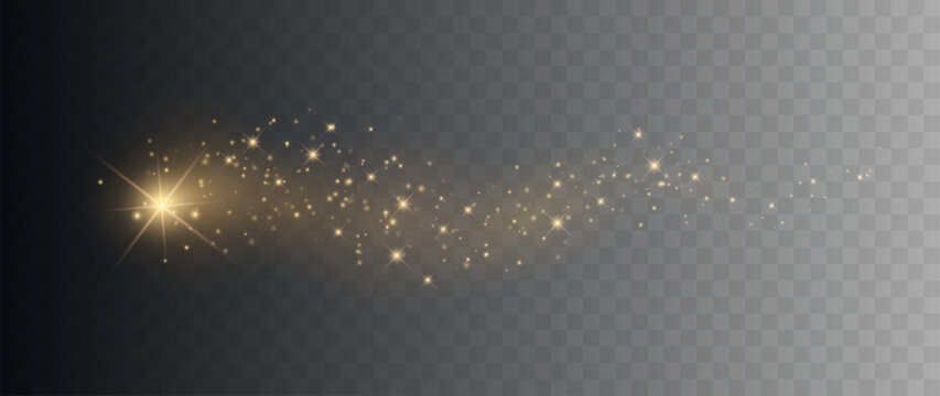 Golden Glitter Sparkle Trail with Shining Stars Isolated on Transparent Background
