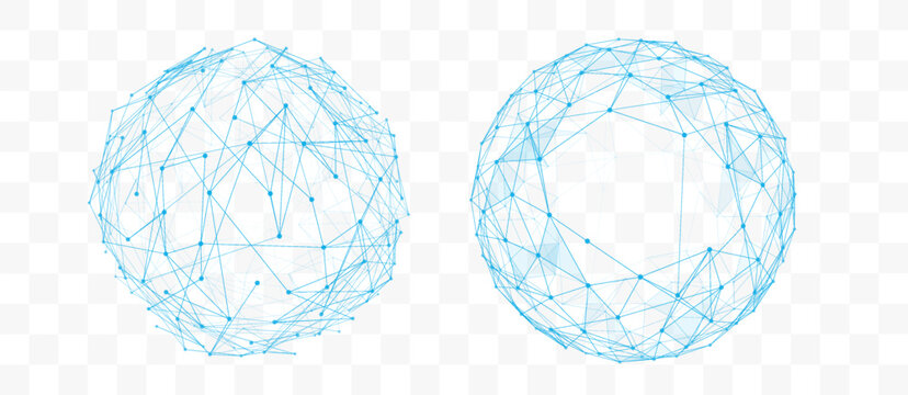 Blue Wireframe Network Globes with Polygon Connections Isolated on Transparent Background