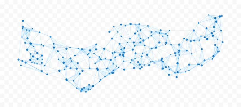 Abstract Blue Polygonal Network Wave with Connected Dots and Lines on Transparent Background
