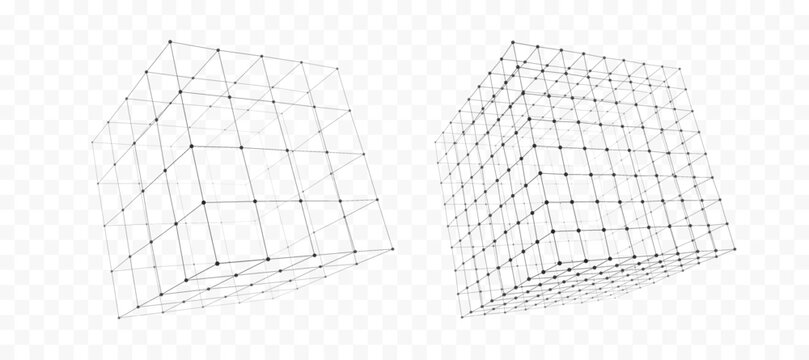 Set of Two Black Wireframe Cubes with Connected Dots and Lines on Transparent Background