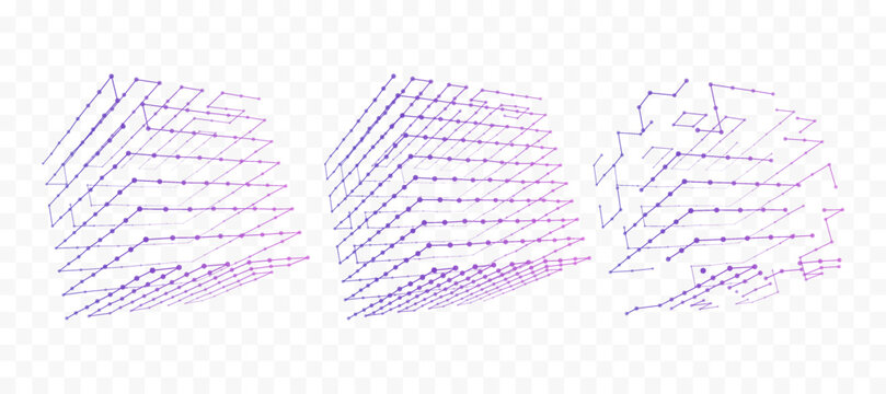 Purple Digital Cube Transformation from Dot Grid to Wireframe Network on Transparent Background