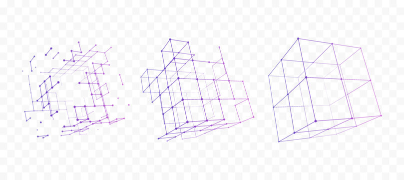 Purple Wireframe Cube Formation and Disintegration Stages with Connected Nodes on Transparent Background