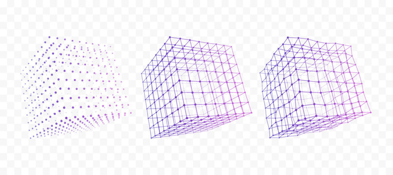Set of Purple Digital Network Cubes Made of Connected Lines and Dots on Transparent Background