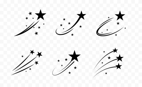 Set of Six Black Shooting Stars with Long Curved Tails on Transparent Background