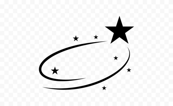 Black Shooting Star with Long Curved Trail and Small Stars on Transparent Background