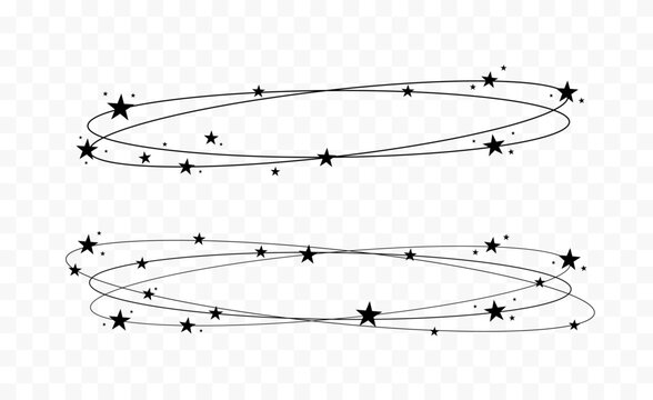 Set of Two Black Cartoon Dizzy Stars Effect Rings with Curved Lines on Transparent Background
