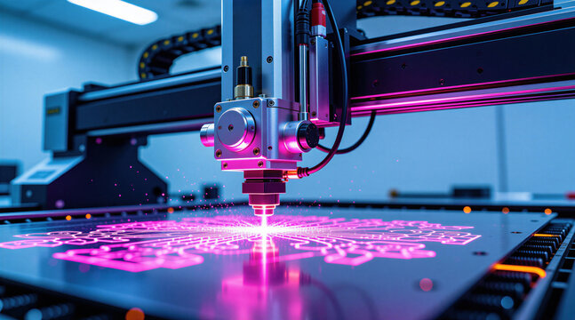 Laser engraver machine precisely etches intricate patterns on dark material. Glowing pink beam creates detailed design, sparks fly. High tech industrial automation for custom product creation,