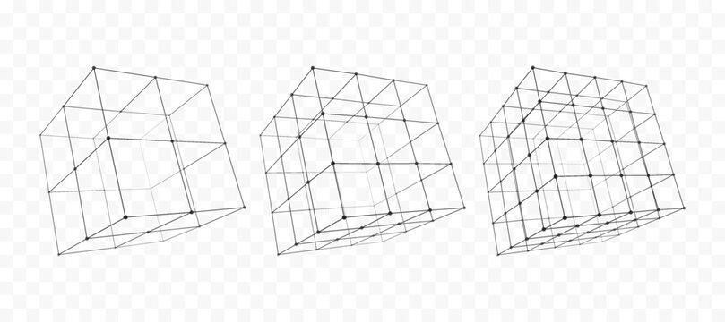 Set of Three Black Wireframe Grid Cubes with Nodes and Lines on Transparent Background
