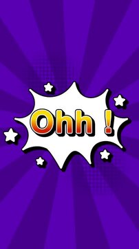 Ohh text word lettering popup comic cartoon reveal with bomb and smoke explosion manga anime book page dots radial speed lines doodle violet background seamless loop vertical animation retro clip Ohh!