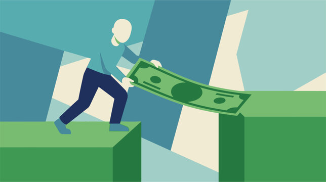 Conceptual vector illustration of a bridge spanning a deep canyon gap representing financial stability, economic recovery, and bridging the divide between debt and wealth creation.