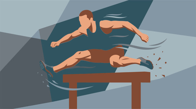 Professional male athlete jumping over a wooden steeplechase hurdle during a track and field race on a stadium track with a water pit in the background vector illustration.