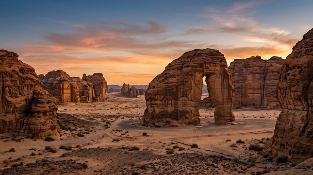 Natural sandstone arch in the desert during golden hour