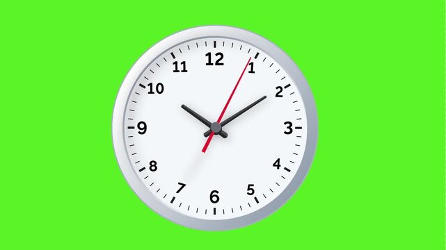 Standard White Wall Clock with Ticking Red Second Hand Animation on Green Screen