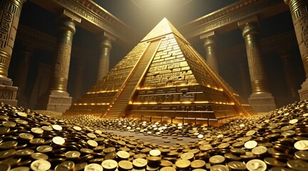Fototapeta premium Golden pyramid sits inside dark ancient temple hall. Floor covered with massive pile of shiny metal coins. Stone columns stand around royal tomb chamber featuring glowing hieroglyph carvings. Rich
