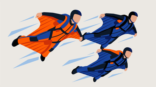Professional wingsuit flyers performing a synchronized formation flight across a clear blue sky. Extreme sports athletes in mid-air during a high-altitude group skydiving session above a landscape.
