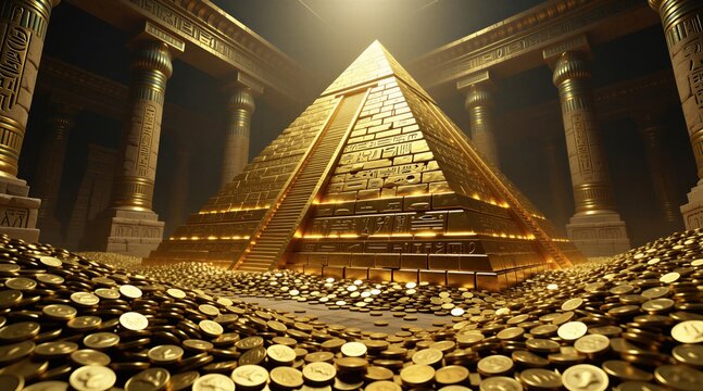 Golden pyramid sits inside dark ancient temple hall. Floor covered with massive pile of shiny metal coins. Stone columns stand around royal tomb chamber featuring glowing hieroglyph carvings. Rich